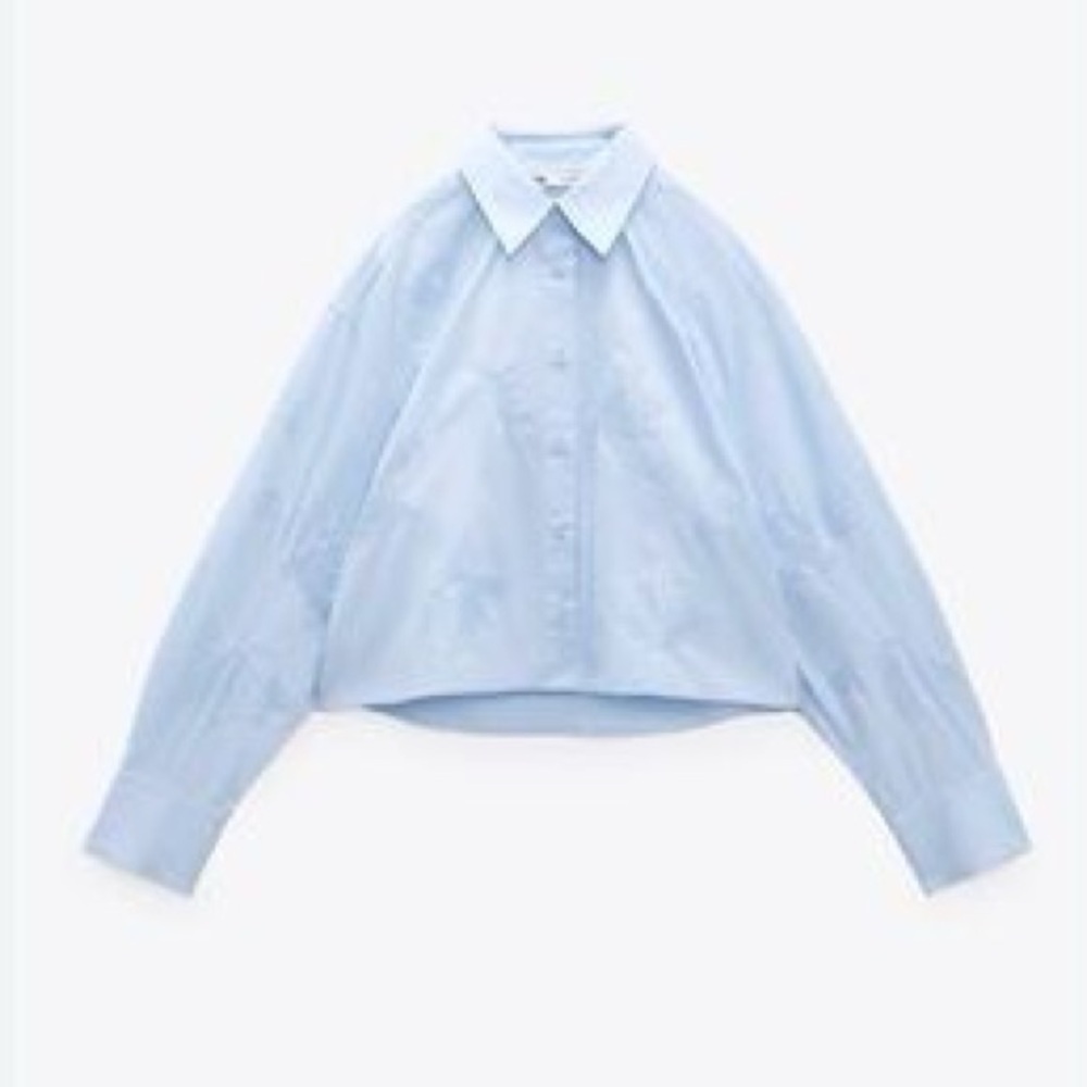 NWT. Zara Light Blue Poplin Sequin Cropped Shirt. Size M. - Picture 5 of 10